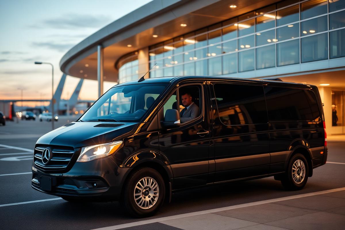 Executive van waiting outside an airport terminal